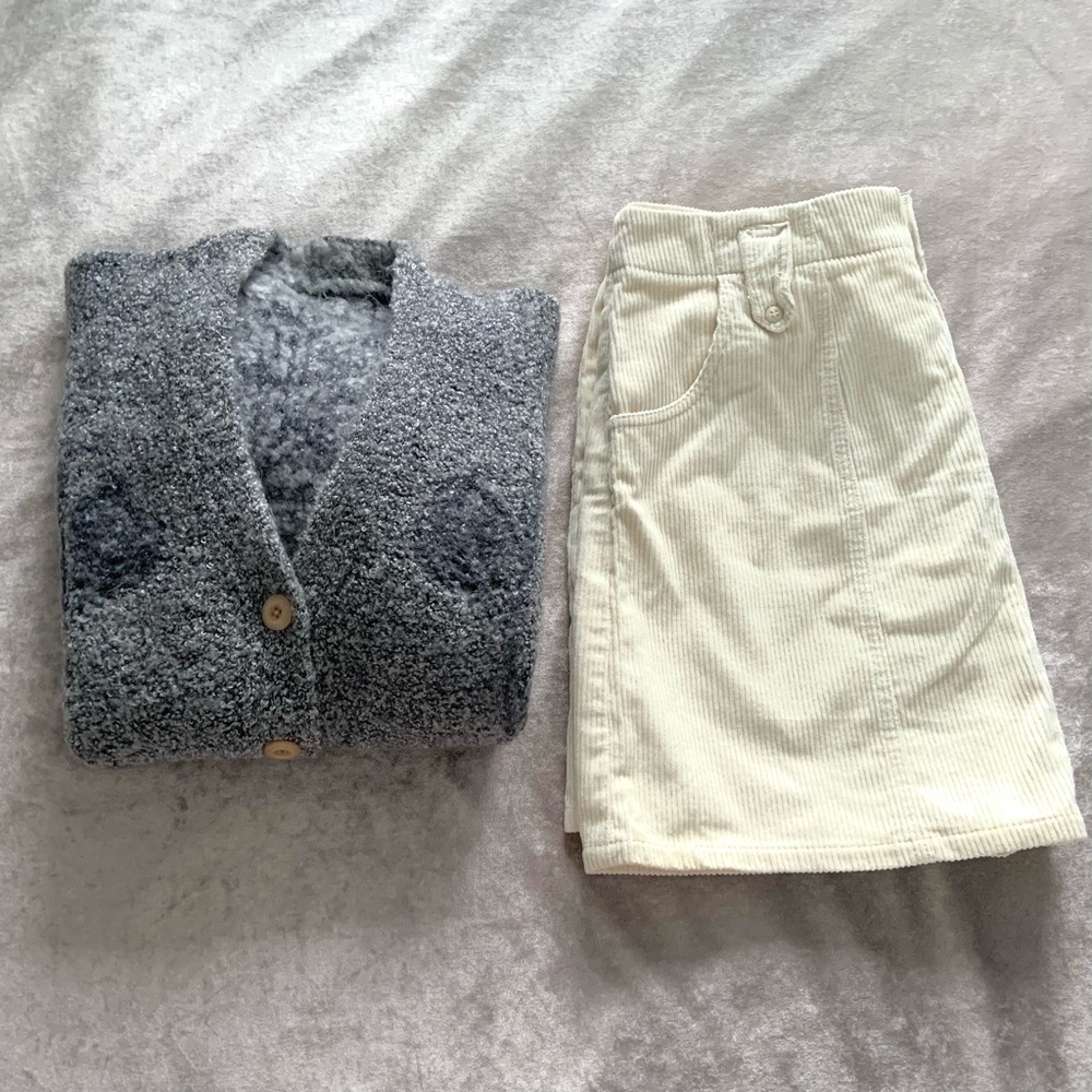 ✨ grey cardigan + a&f vintage corduroy skirt special bundle ✨